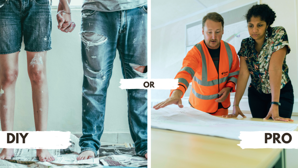 A homeowner comparing tools for a DIY project and consulting with a professional contractor for home improvements.