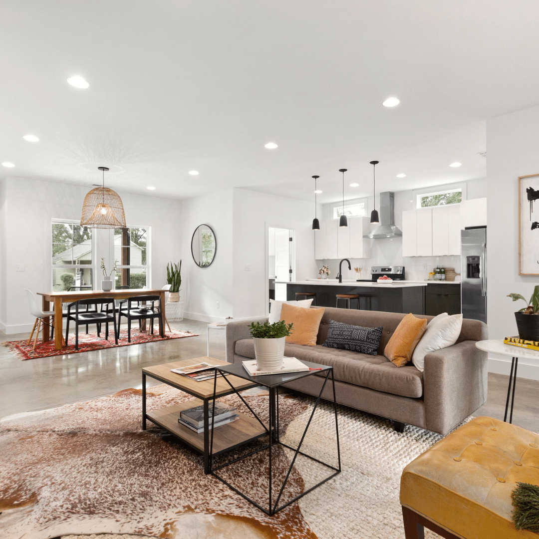 Open-concept living room and kitchen in a modern custom home in Nashville, TN.
